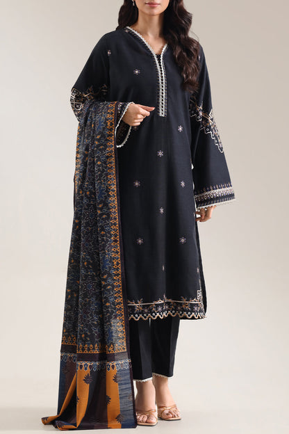Solid Embroidered Khaddar Stitched 3 Piece