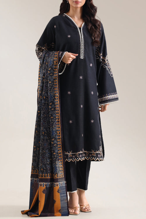 Solid Embroidered Khaddar Stitched 3 Piece