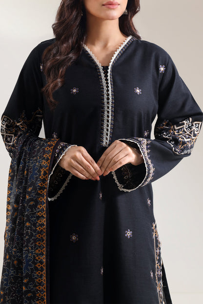 Solid Embroidered Khaddar Stitched 3 Piece